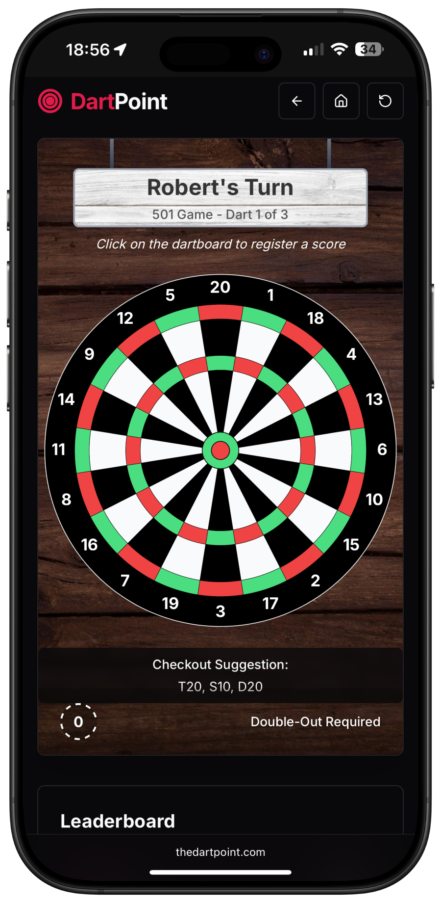 DartPoint app interface showing a 501 game with dartboard